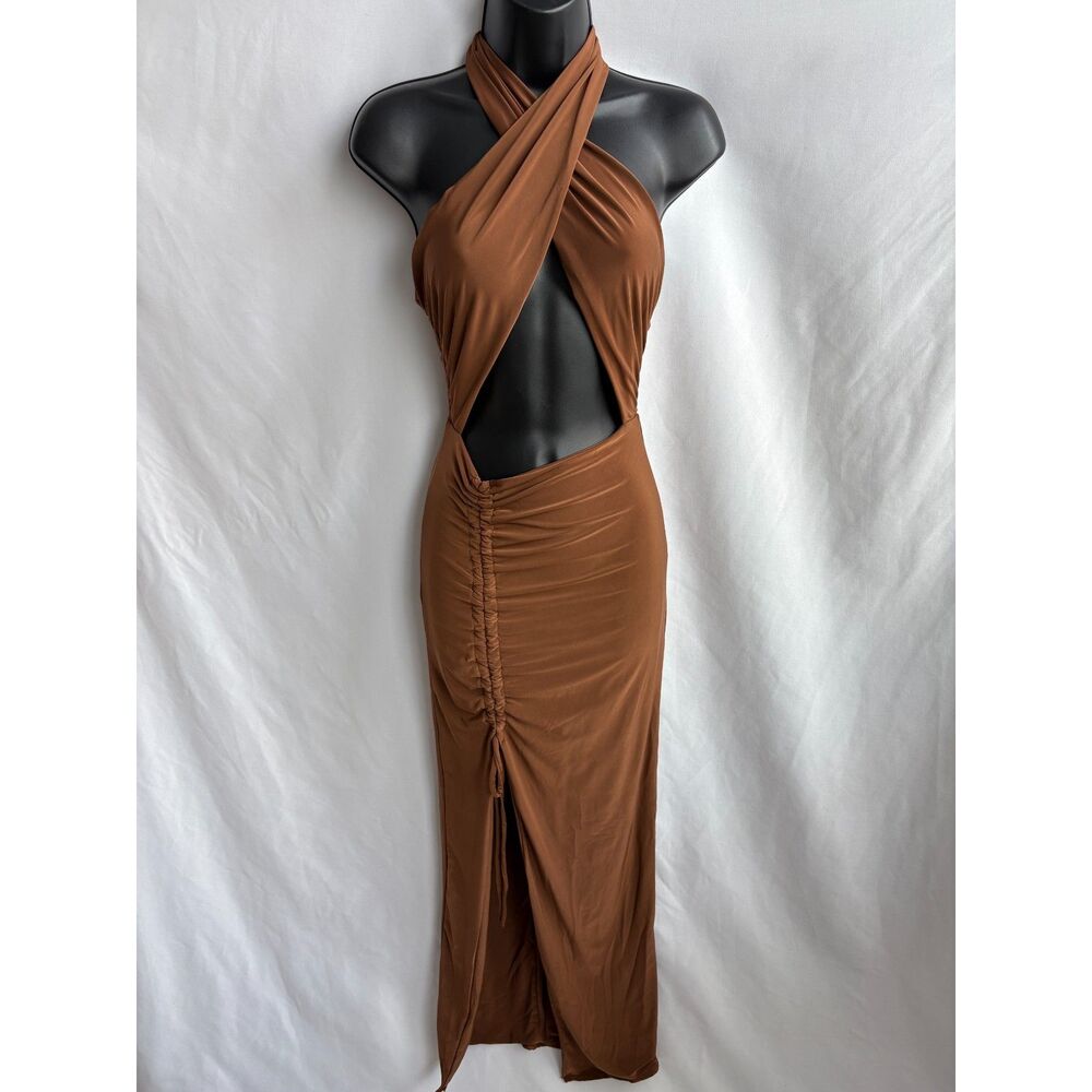 Brown Cross Top Midi Cocktail Dress Size S Ruched Side Slit Sexy Date Guest Y2K